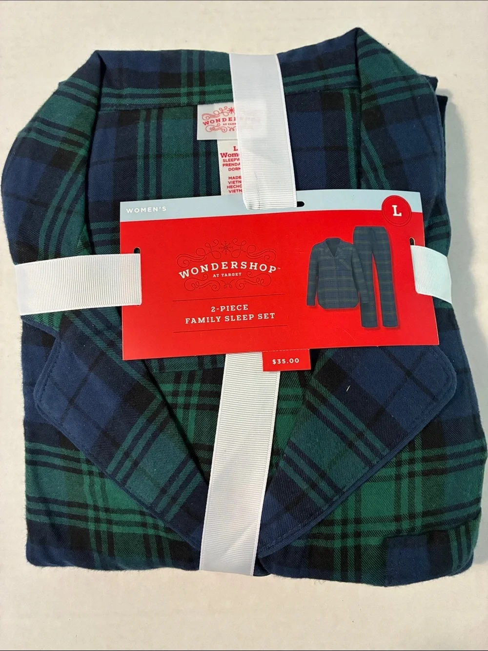 NWT Womens Plaid Flannel Long sleeve Button Shirt Pants Pajama Set Navy Large